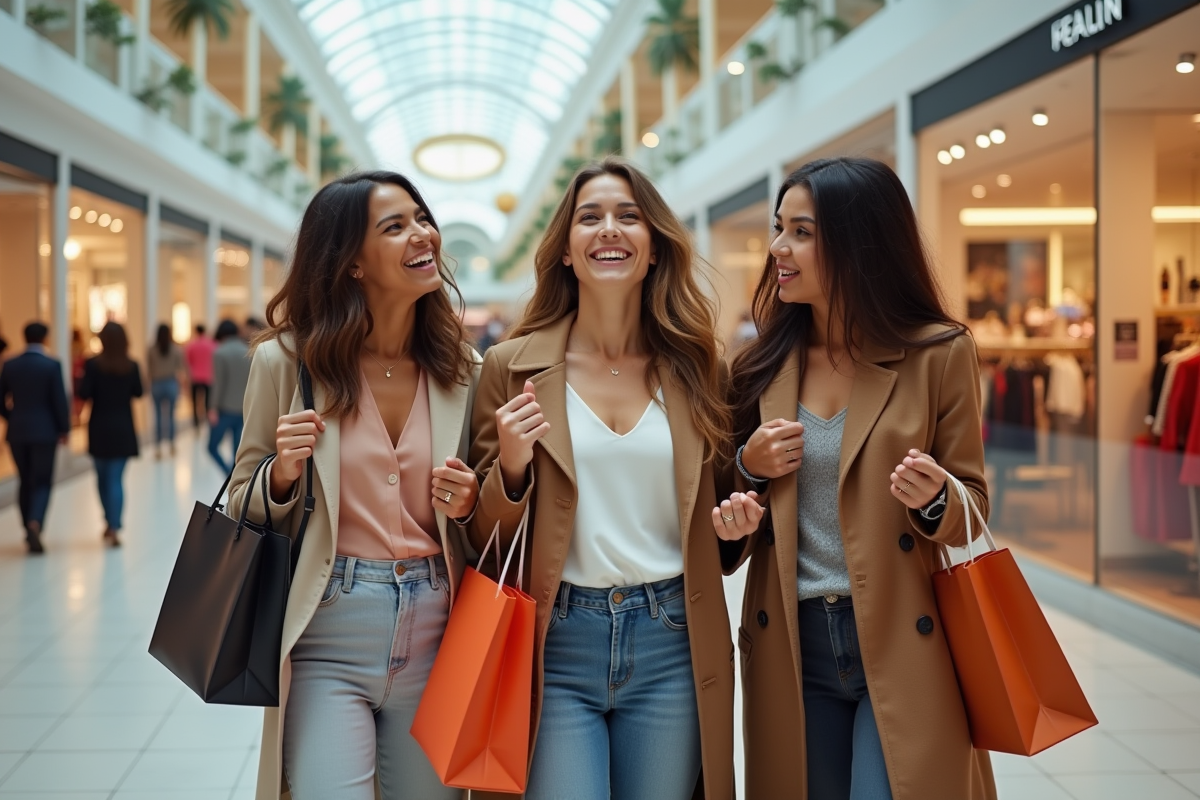 Groupe de femmes faisant du shopping dans un centre commercial lumineux