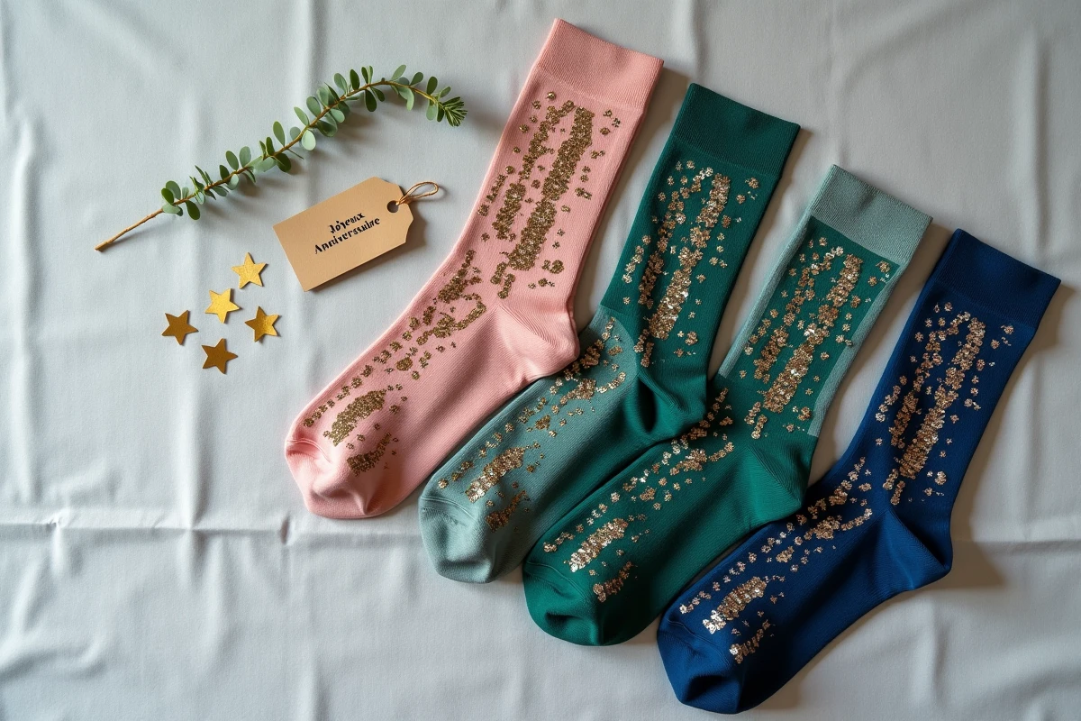 Flat lay de chaussettes à paillettes multicolores disposées en éventail sur lin gris avec étiquette anniversaire et confettis étoiles