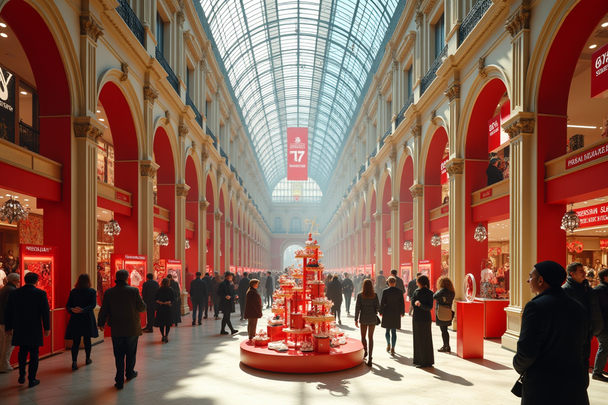 Intérieur animé des Galeries Lafayette lors des soldes avec shoppers et décorations