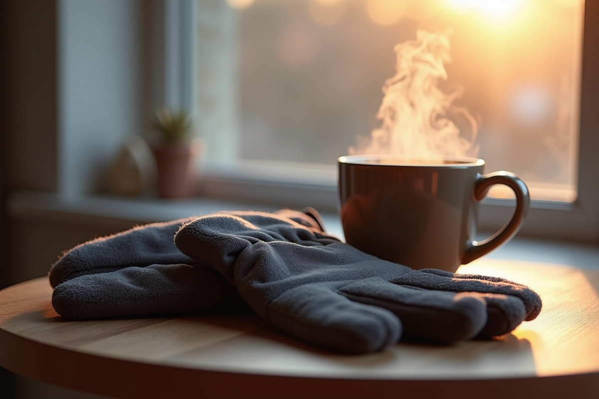 Gants isolants d'hiver sur une table en bois avec une tasse chaude