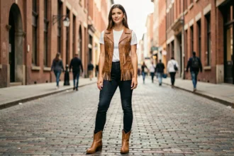 Femme portant un gilet en cuir style western beige avec franges sur un jean slim, look moderne et urbain dans une rue pavée