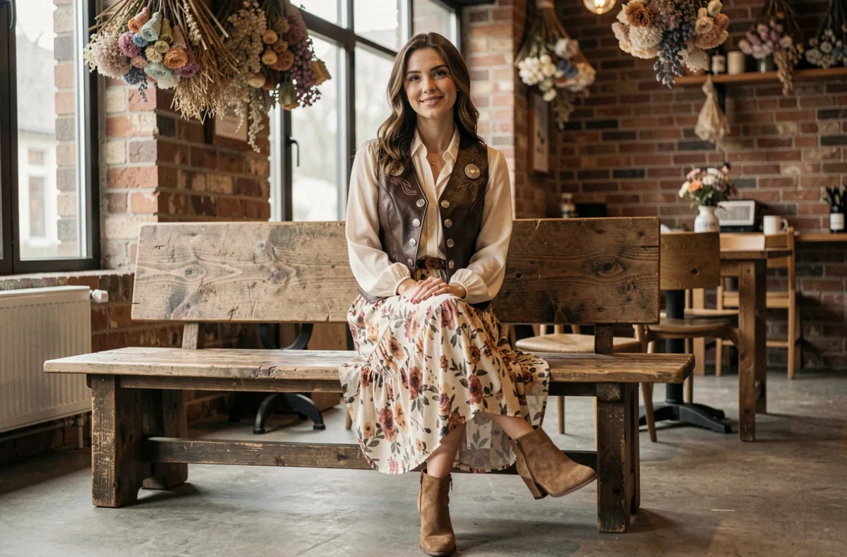 Femme assise dans un café rustique portant un gilet cuir western marron sur une blouse fluide et jupe midi fleurie, style bohème moderne