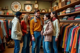 Groupe d'amis qui fouillent des vêtements vintage dans une friperie parisienne animée