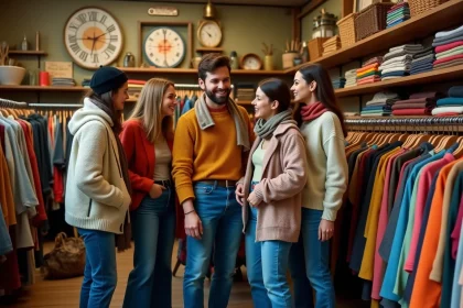 Groupe d'amis qui fouillent des vêtements vintage dans une friperie parisienne animée