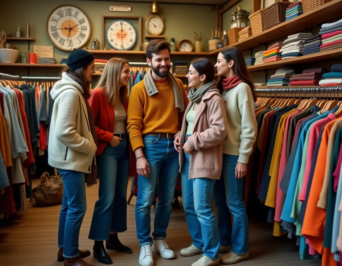 Groupe d'amis qui fouillent des vêtements vintage dans une friperie parisienne animée