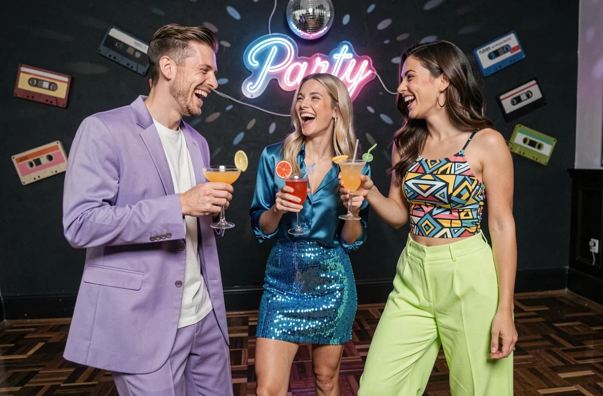 Groupe d'amis en tenues colorées et modernes inspirées des années 80 lors d'une soirée rétro avec boule disco