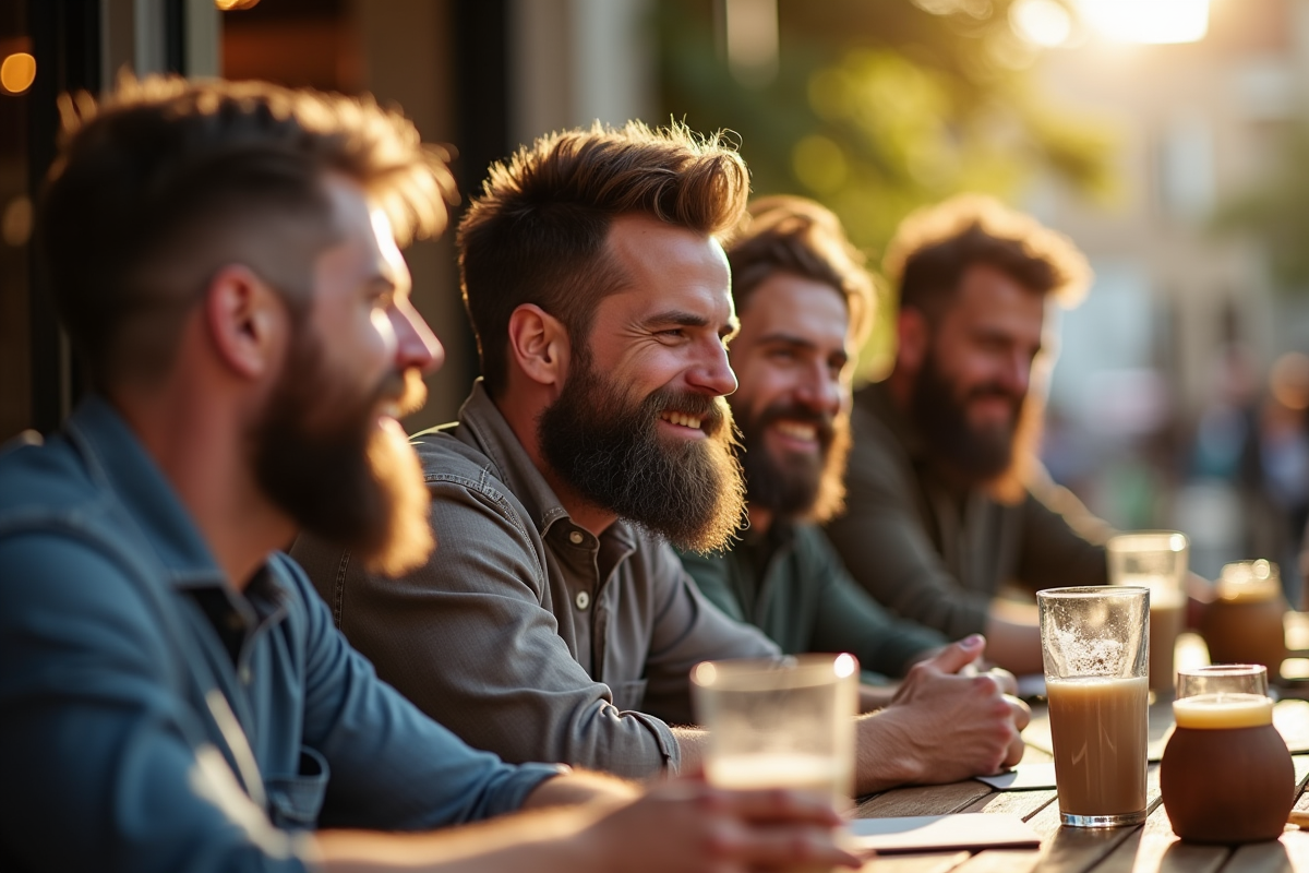 Groupe d hommes souriants avec barbes diverses en terrasse