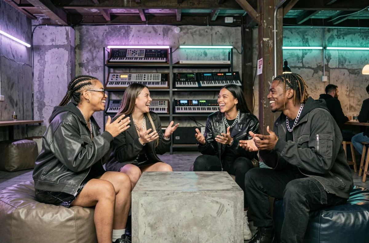 Groupe de jeunes adultes en style Techno Pouffe réunis dans un café industriel avec décor synthétiseur et néons