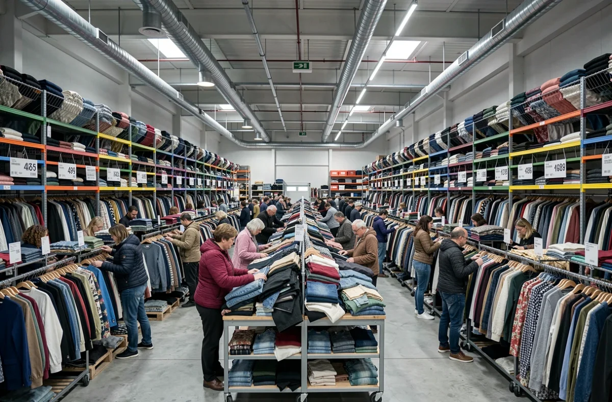 Intérieur grand format du magasin Guerrisol à Lille, avec des rangées denses de vêtements d'occasion et des clients fouillant les portants circulaires