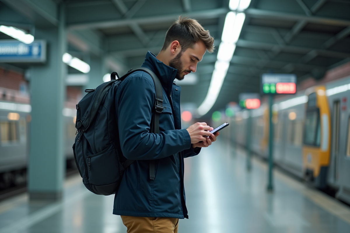 Homme vérifiant son téléphone avec un sac à dos dans une gare