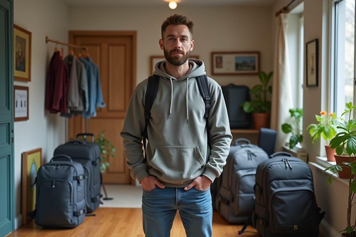 Homme dans son appartement avec sacs de voyage