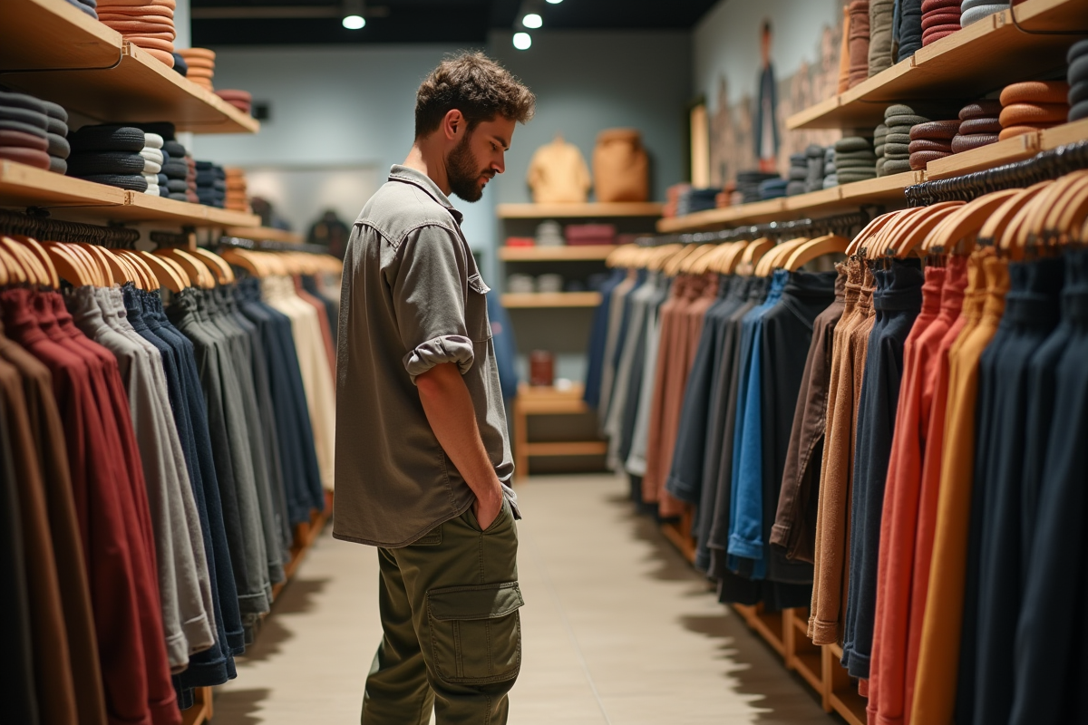 Homme regardant une sélection de ceintures colorées en magasin