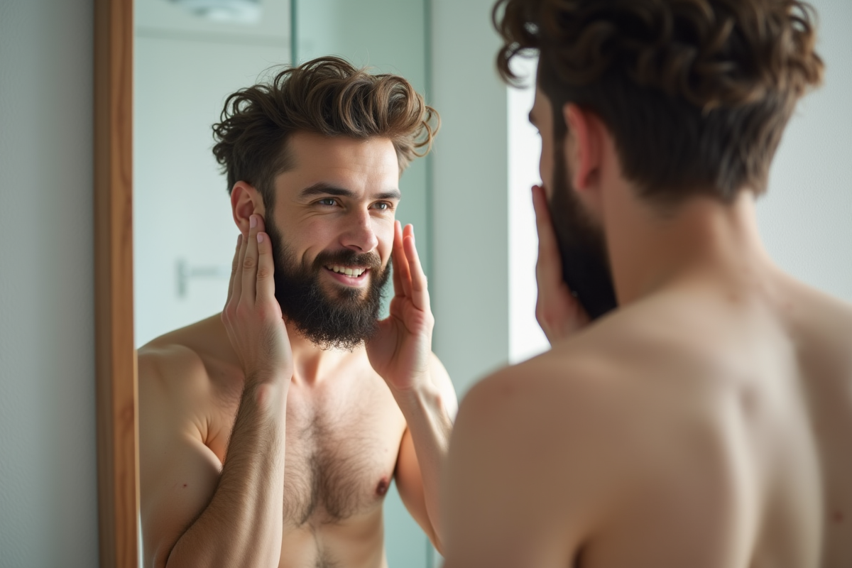Homme confiant se regardant dans le miroir avec barbe soignee