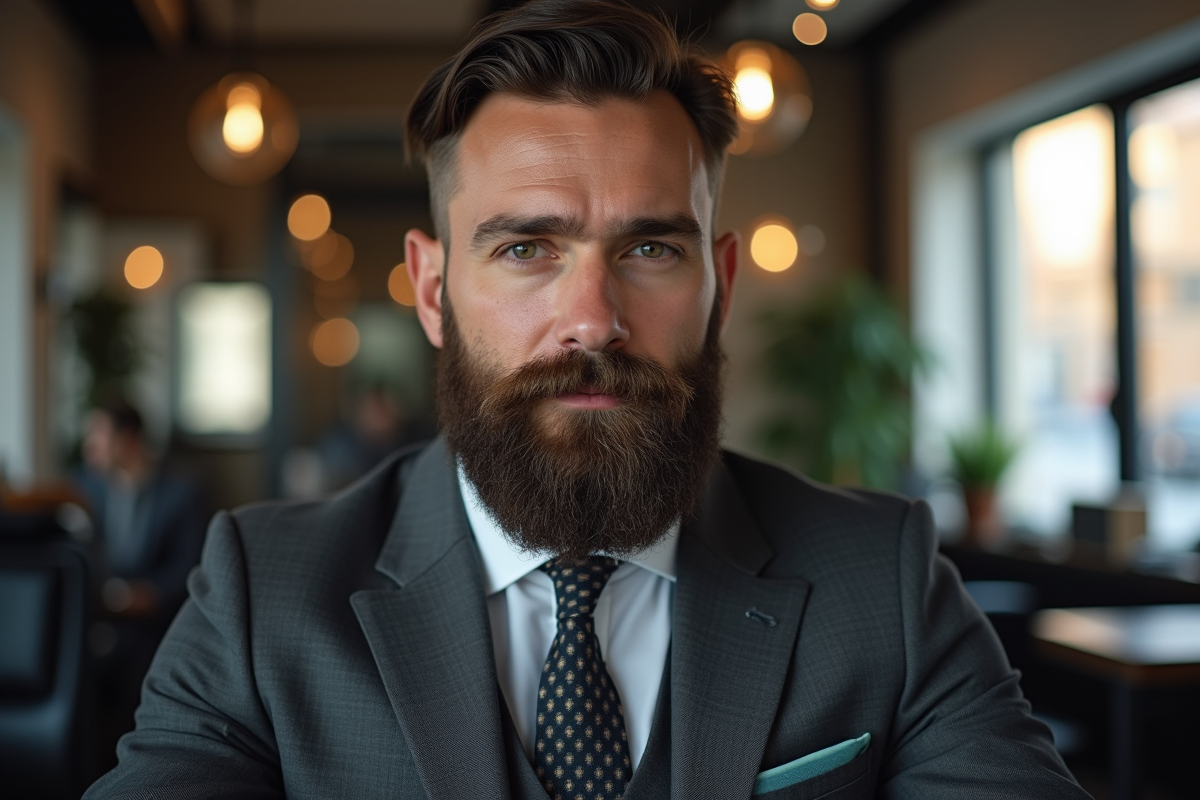 Homme confiant avec barbe bien taillée dans un barbershop moderne