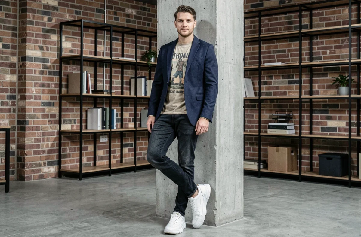 Homme en blazer structuré et tee-shirt graphique vintage dans un espace de coworking urbain, style streetwear chic