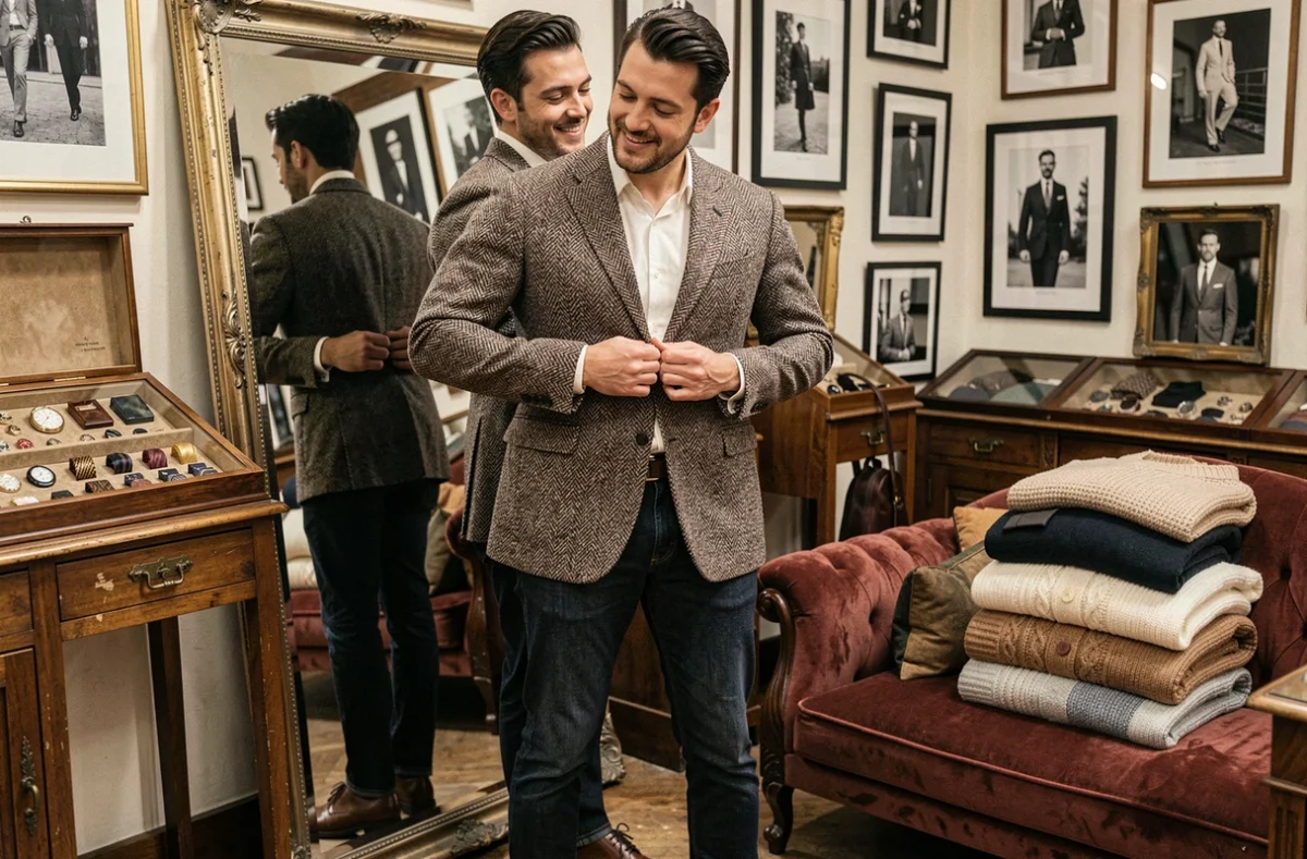 Homme essayant un blazer vintage des années 1950 dans une friperie masculine tendance de Toulouse