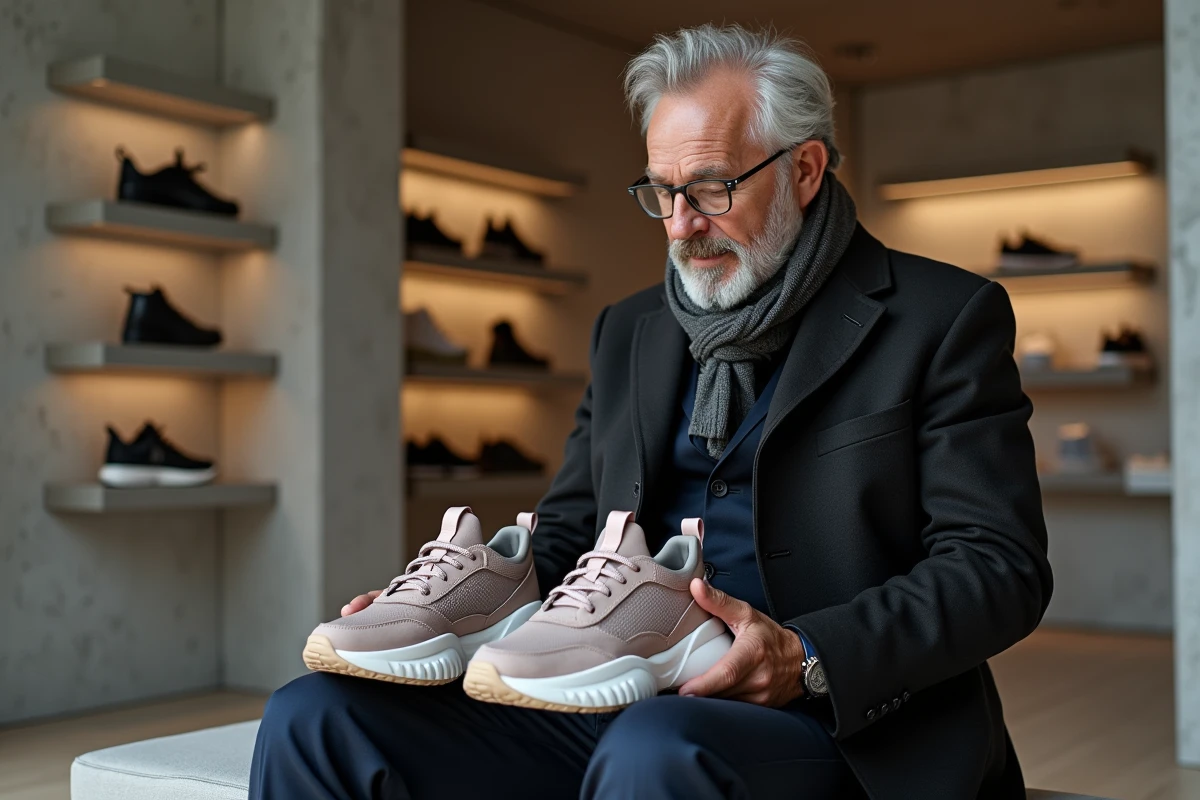 Homme &eacute;l&eacute;gant observant des sneakers dans une boutique moderne