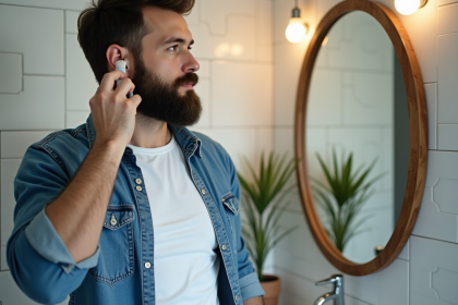 Homme en train de brosser sa barbe dans la salle de bain