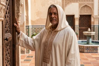 Homme en burnous blanc traditionnel dans une cour de médina marocaine, vêtement berbère pour occasions formelles
