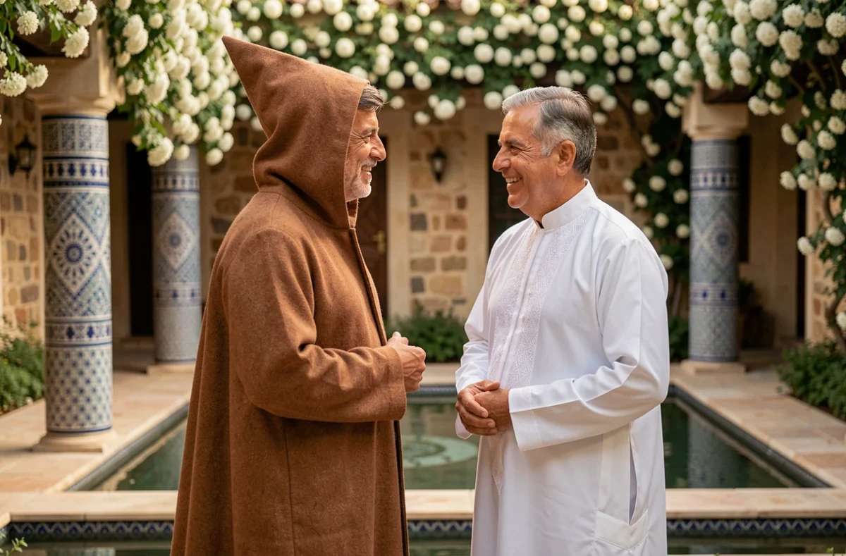 Deux hommes en burnous et djellaba lors d'un mariage traditionnel maghrébin dans un jardin de riad, comparaison des vêtements d'apparat
