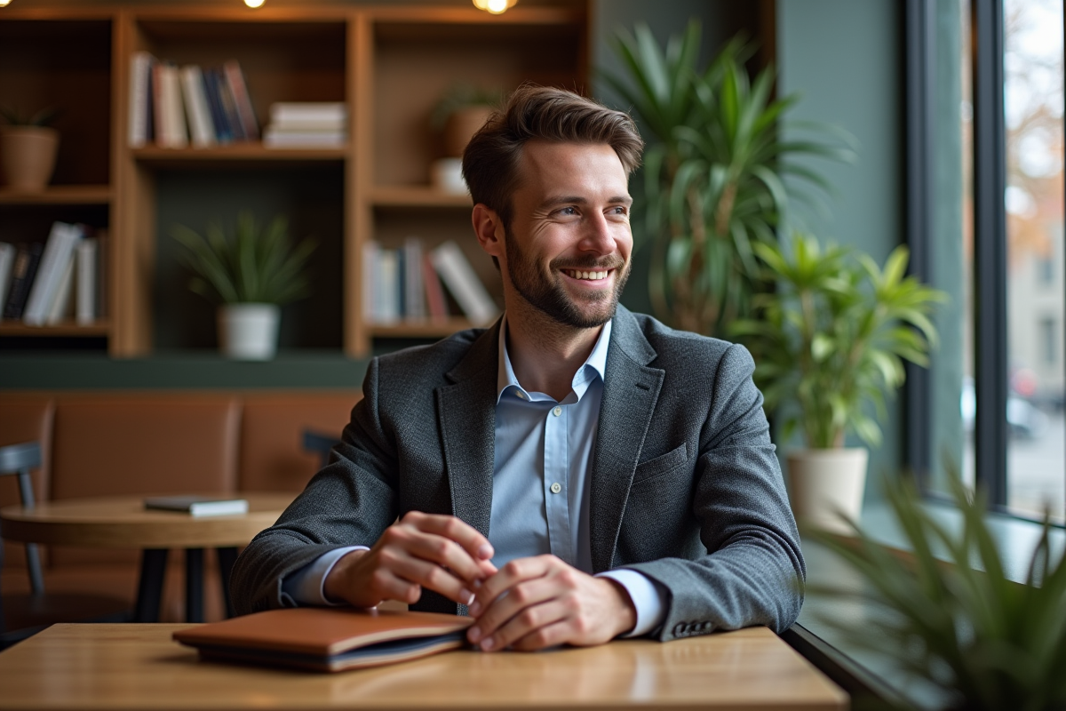 Homme assis au café avec sac à main et ordinateur portable
