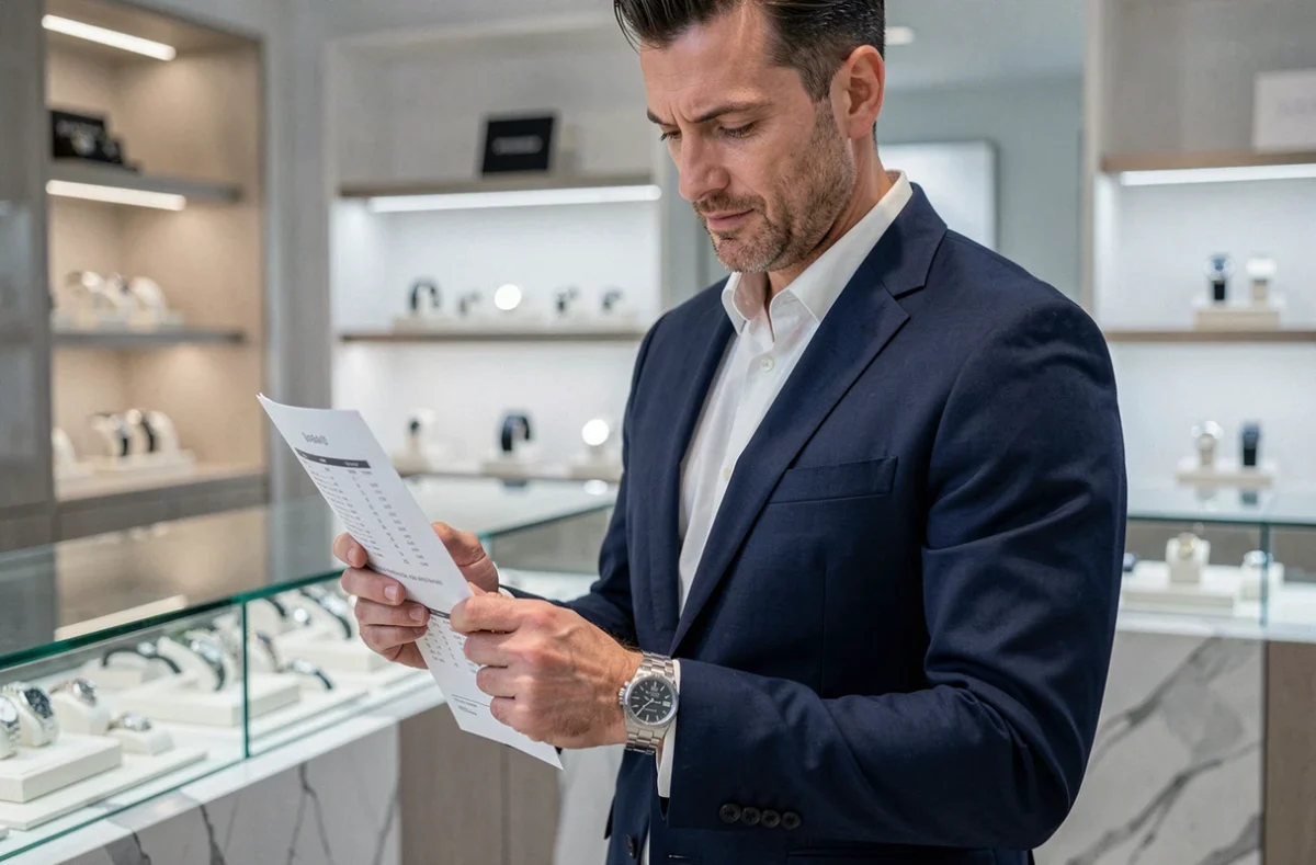 Homme en costume comparant le prix neuf d'une Rolex Datejust 36 dans une boutique horlogerie