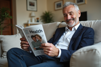 Homme confiant de 50 ans lisant un magazine santé dans un salon moderne