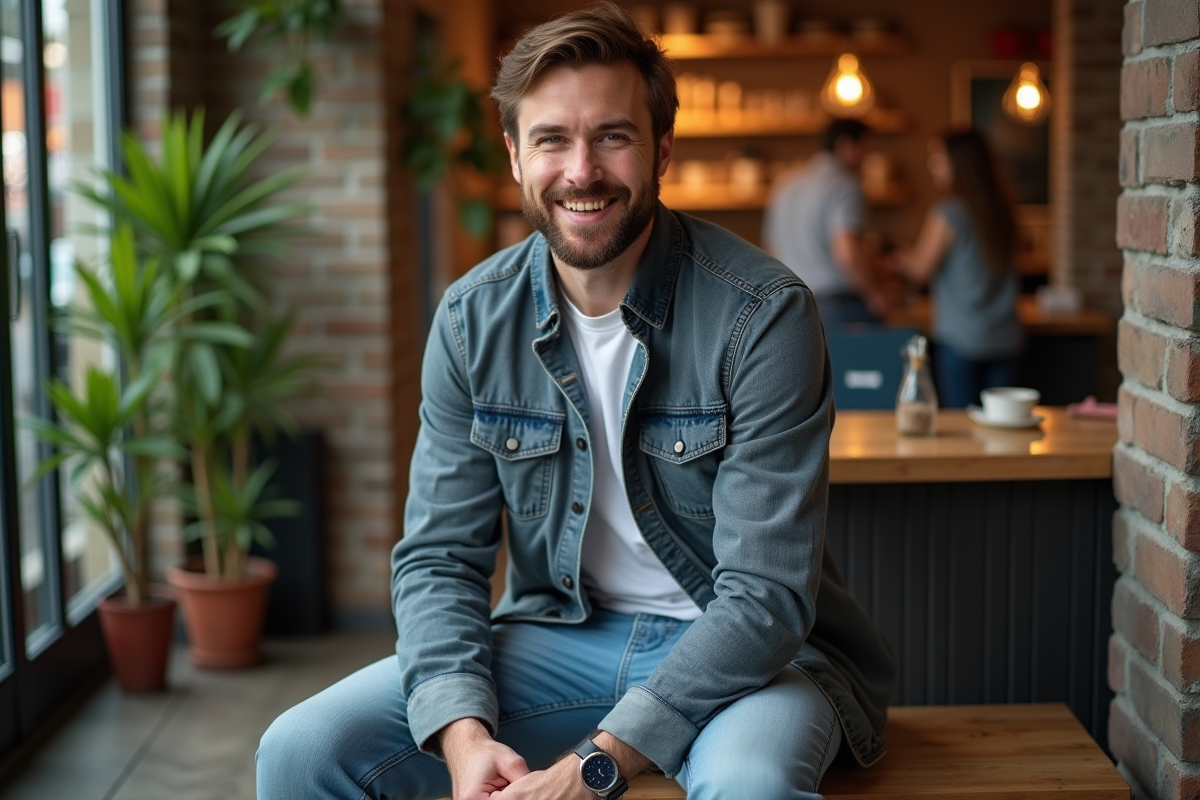 Homme en jeans décontractés dans un cafe moderne