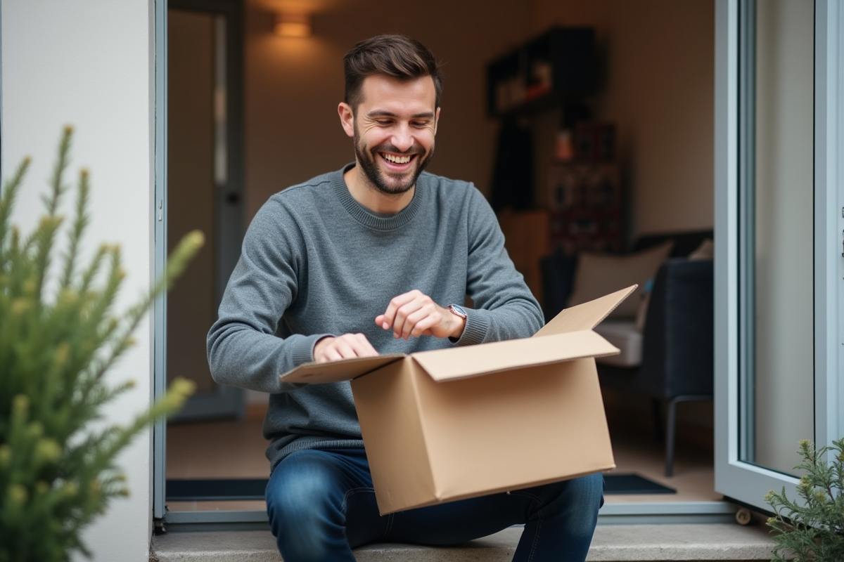 Homme belge déballant un colis de vêtements devant chez lui