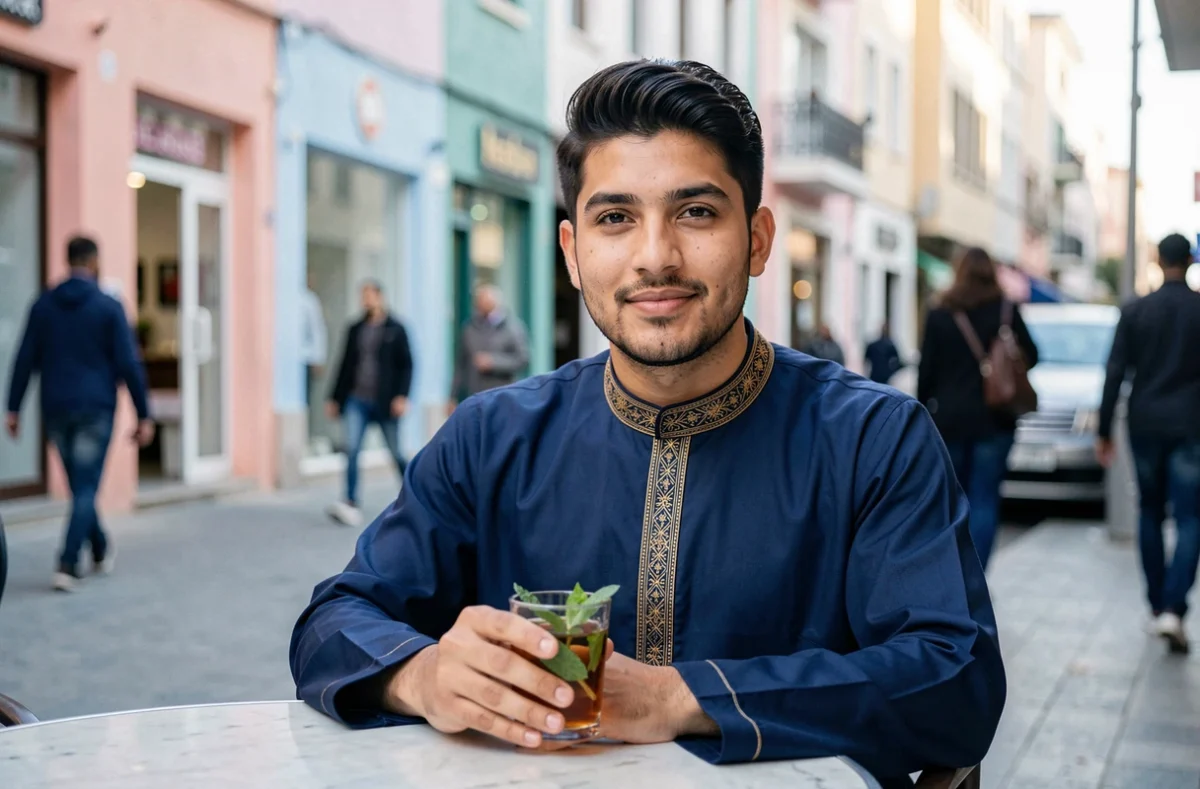 Jeune homme en djellaba bleue brodée assis à un café urbain nord-africain, style vestimentaire du quotidien