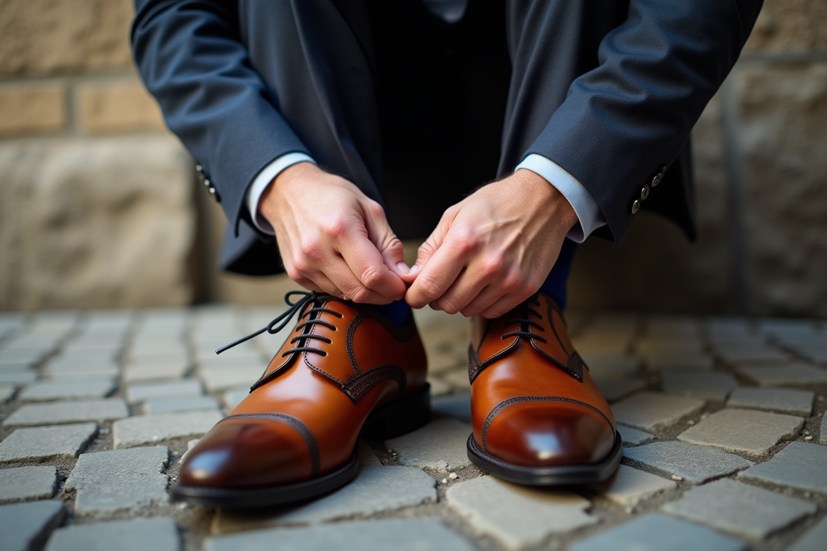 Homme attachant ses chaussures en cuir brun en extérieur