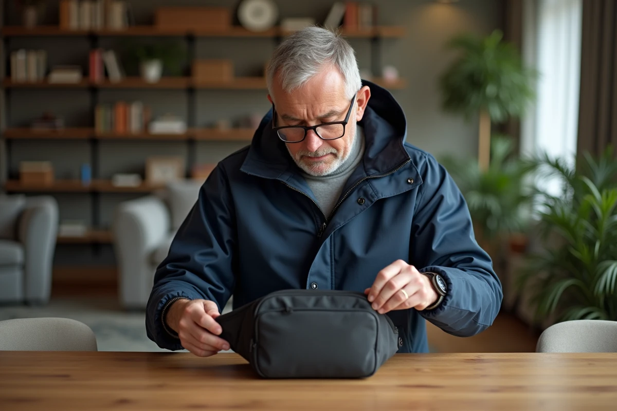 Homme mesurant le sac banane dans un intérieur