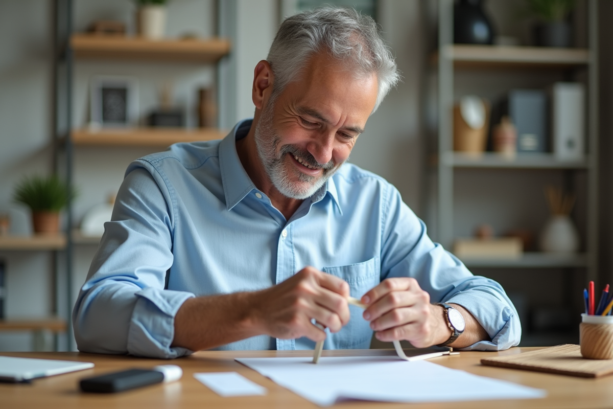 Homme mesurant sa tête avec un ruban dans un bureau lumineux