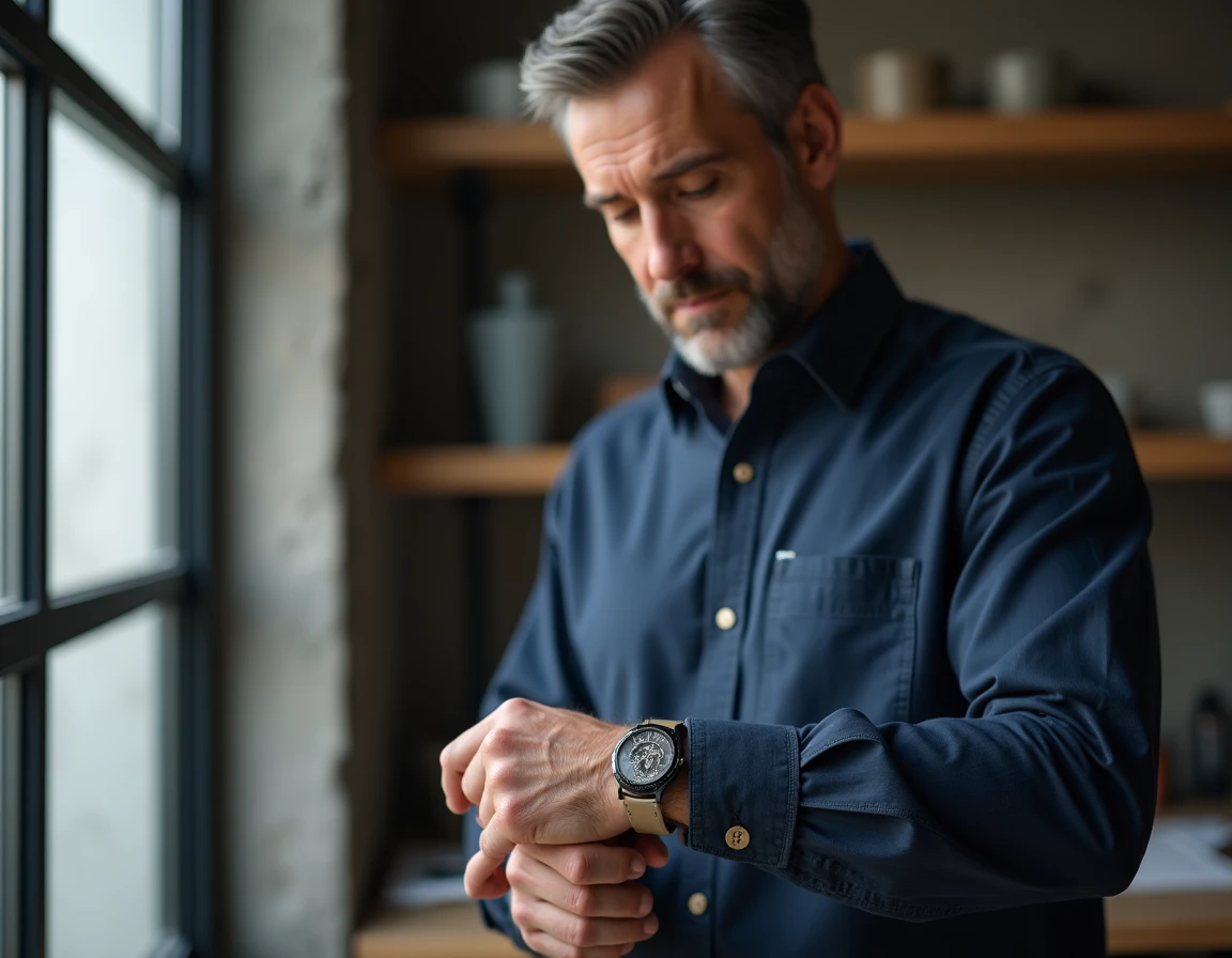Homme en chemise en lin marine admirant sa montre personnalisée avec photo gravée sur le cadran dans un atelier minimaliste