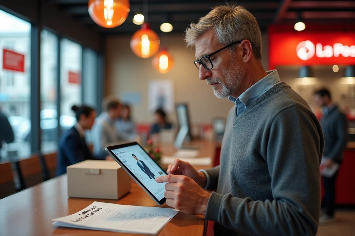 Homme dans un bureau de poste utilisant une tablette
