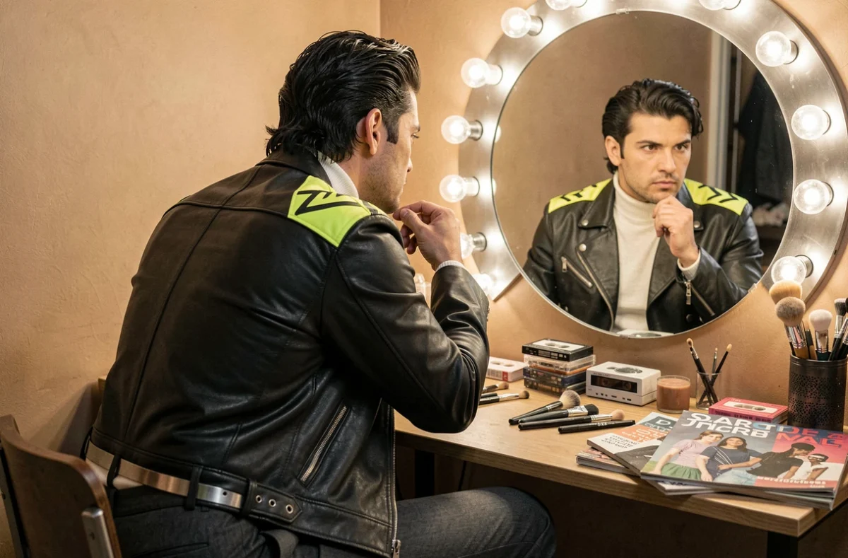 Homme en coulisses se préparant pour une soirée années 80 avec veste en cuir et patches fluo jaune devant un miroir de loge