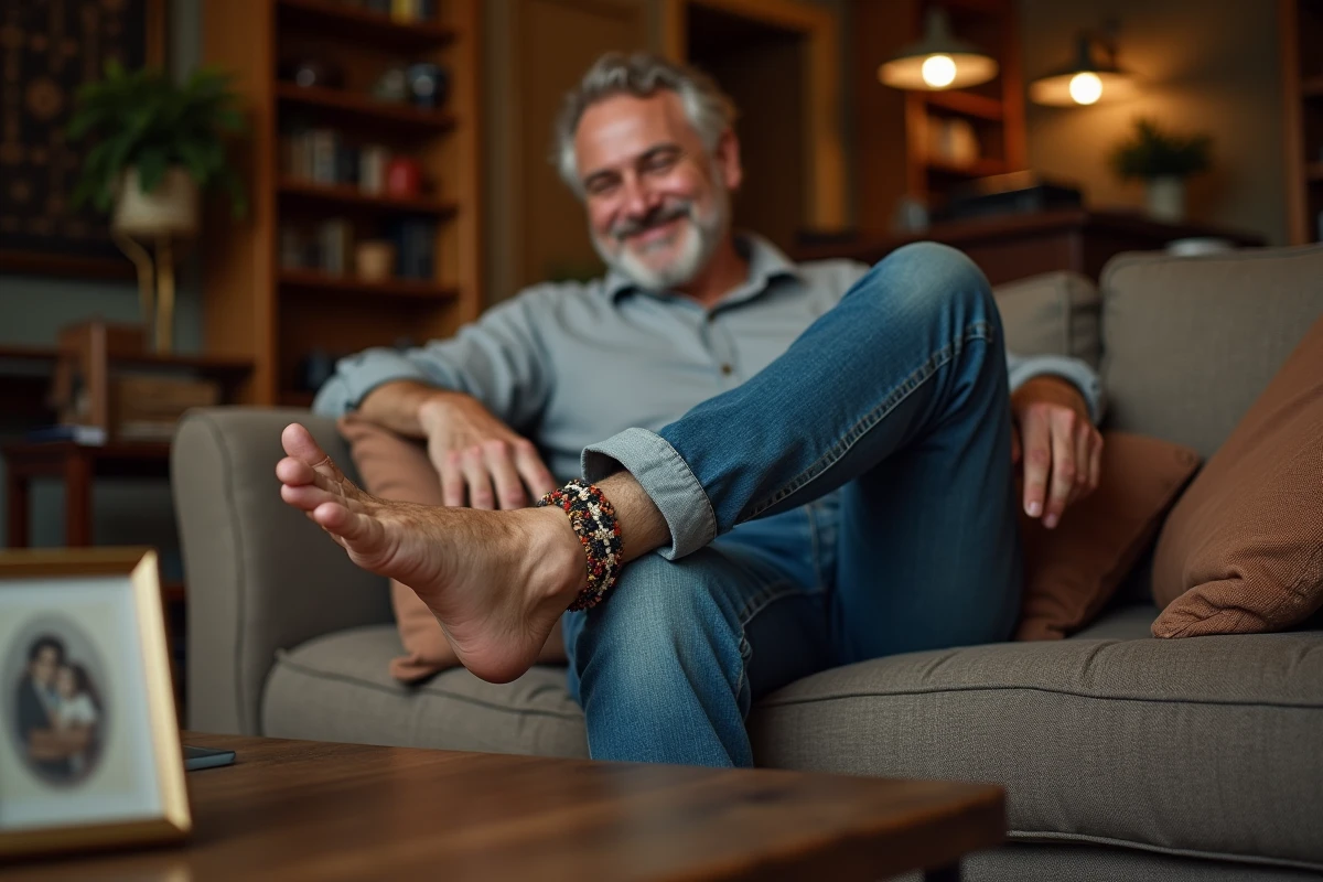 Homme dans son salon montrant un bracelet tissé à la cheville