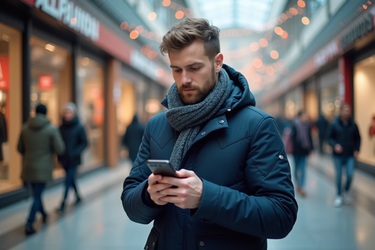 Homme vérifiant ses offres en ligne devant un centre commercial animé