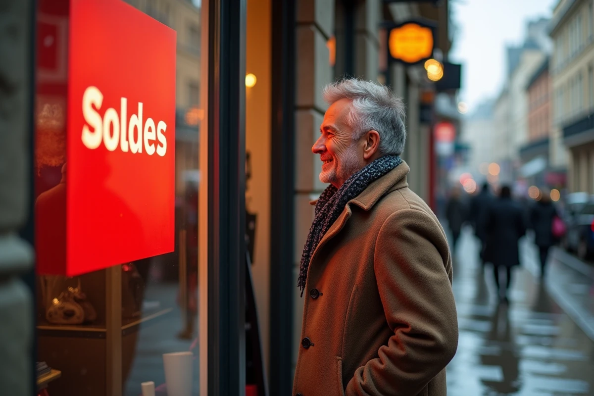 Homme souriant examinant une affiche de soldes en ville