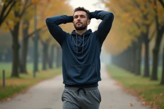 Homme sportif portant un ensemble wassat jogger et hoodie dans un parc urbain en plein air
