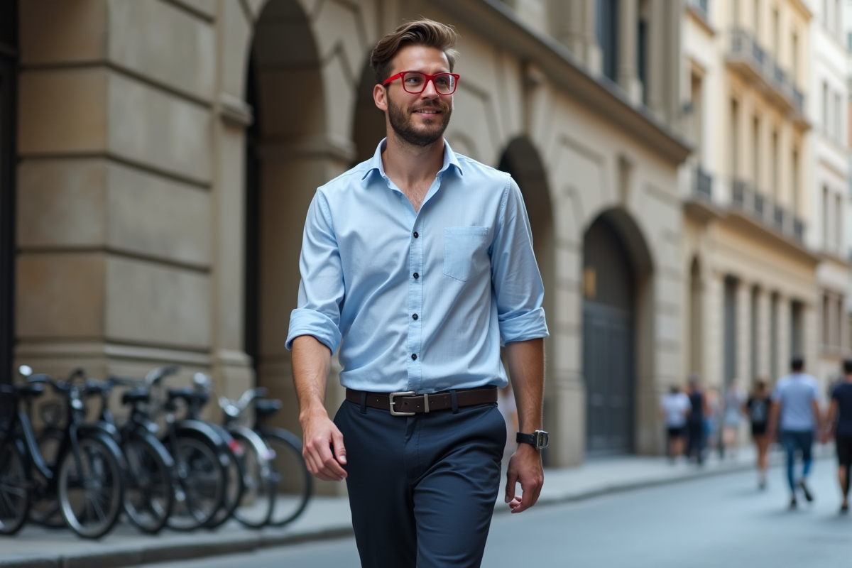 Homme marchant dans la ville avec des lunettes rouges tendance