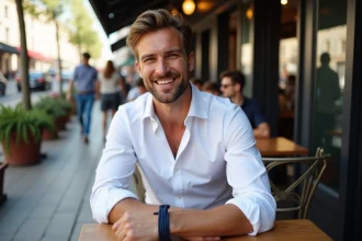 Homme en blanc ajustant un bracelet à Paris