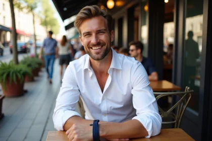 Homme en blanc ajustant un bracelet à Paris