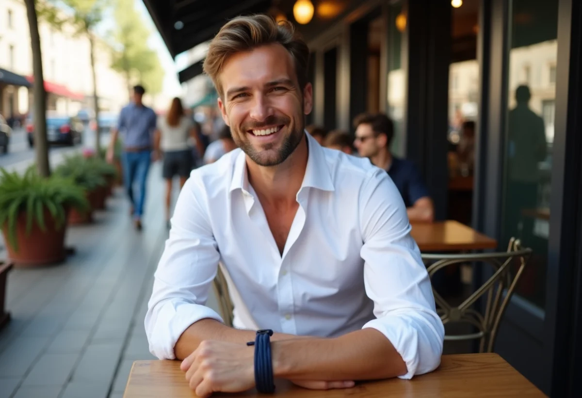 Homme en blanc ajustant un bracelet à Paris