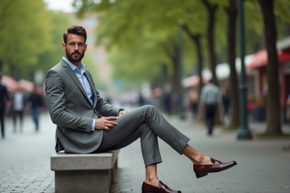 Homme en costume gris dans un parc urbain moderne