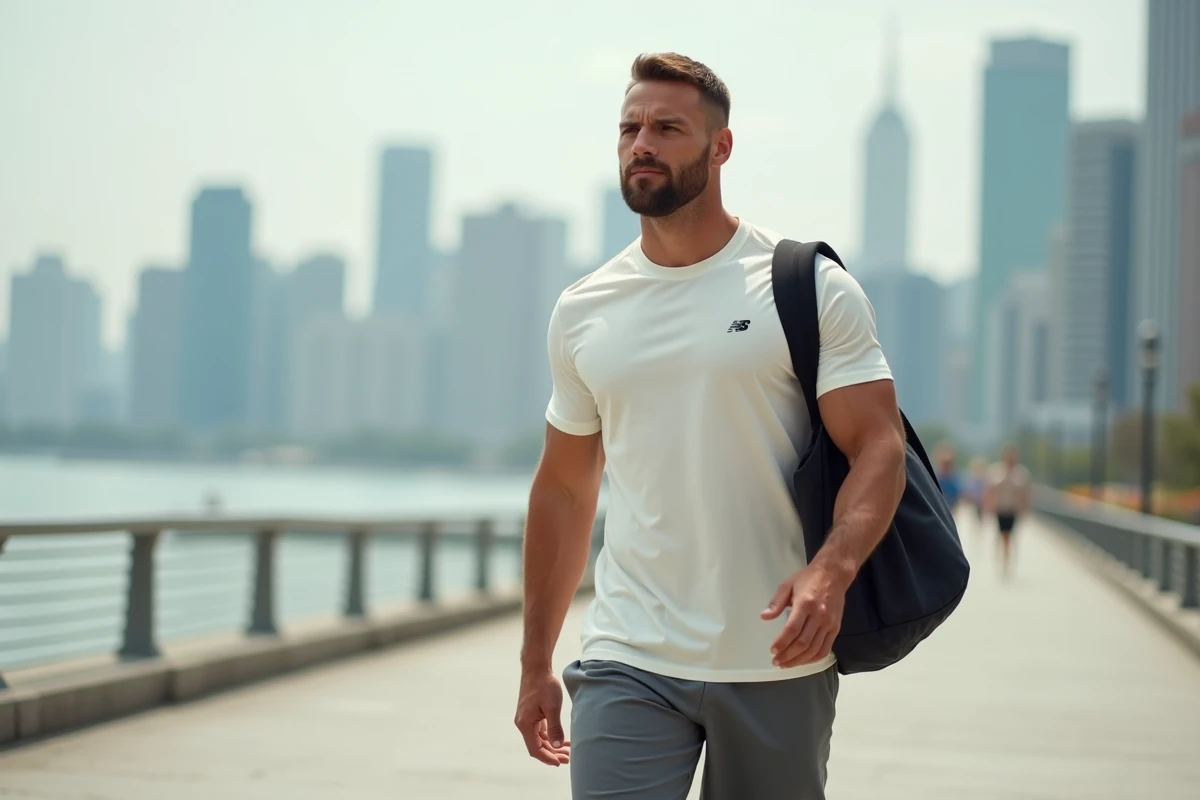 Homme sportif en tenue wassat tee-shirt et short marchant sur un front de mer urbain