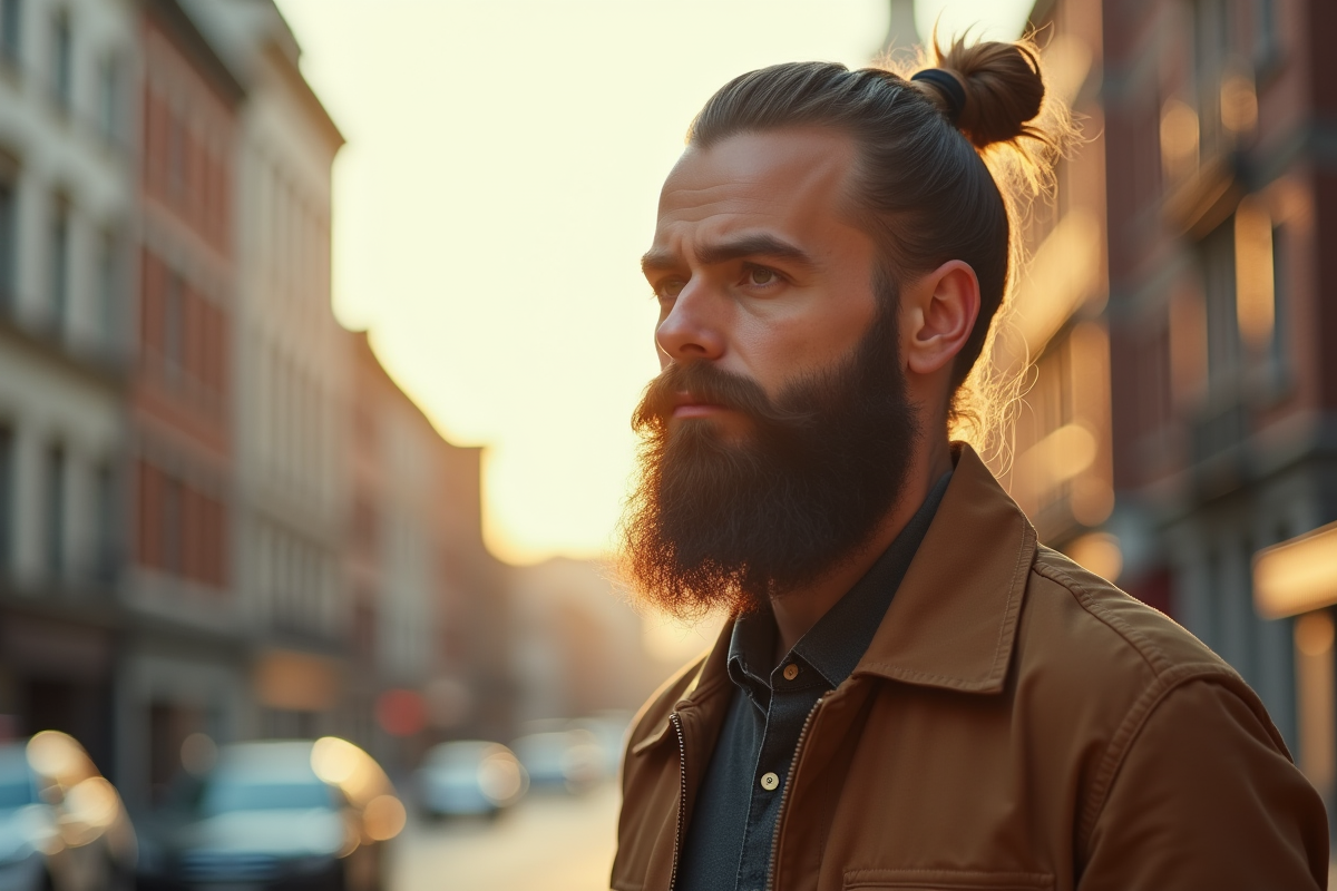 Homme confiant avec barbe ducktail en ville en plein jour