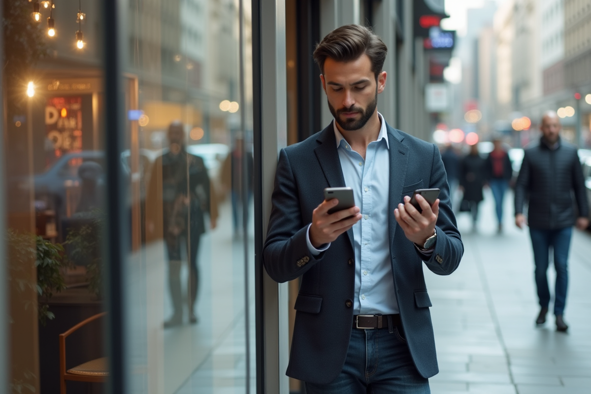 Homme en ville regardant son smartphone
