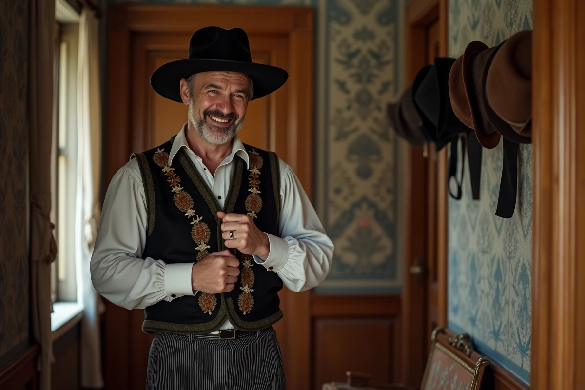 Homme en costume alsacien ajustant sa veste dans un int&eacute;rieur ancien