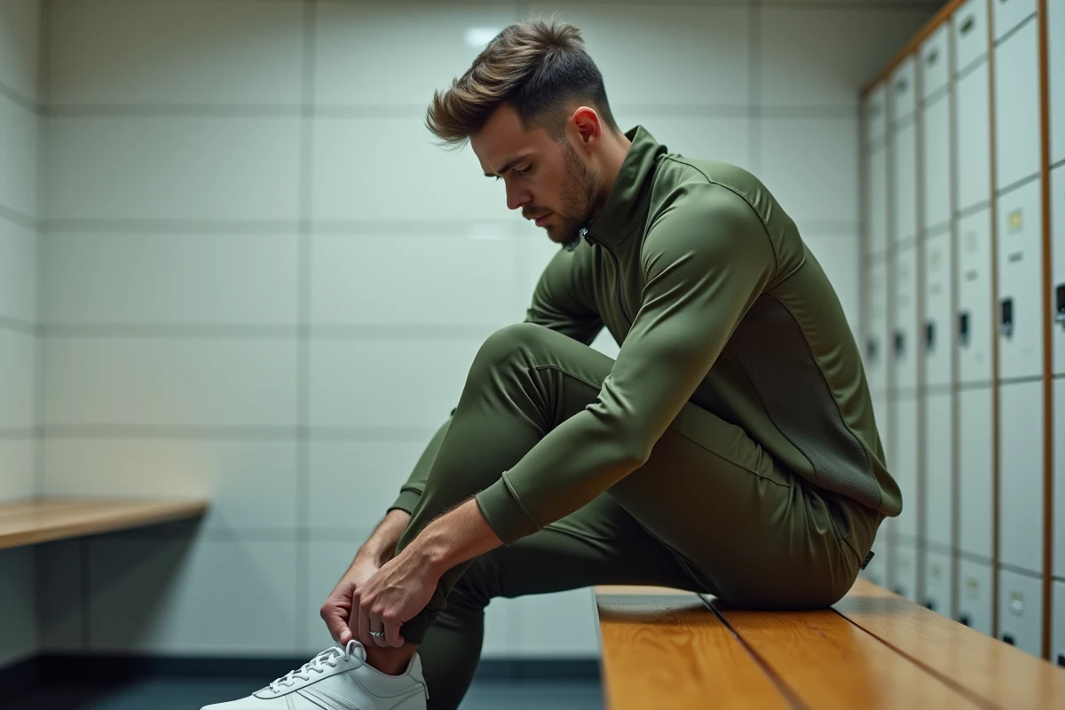 Homme sportif en vêtements wassat style track jacket dans un vestiaire de salle de sport moderne